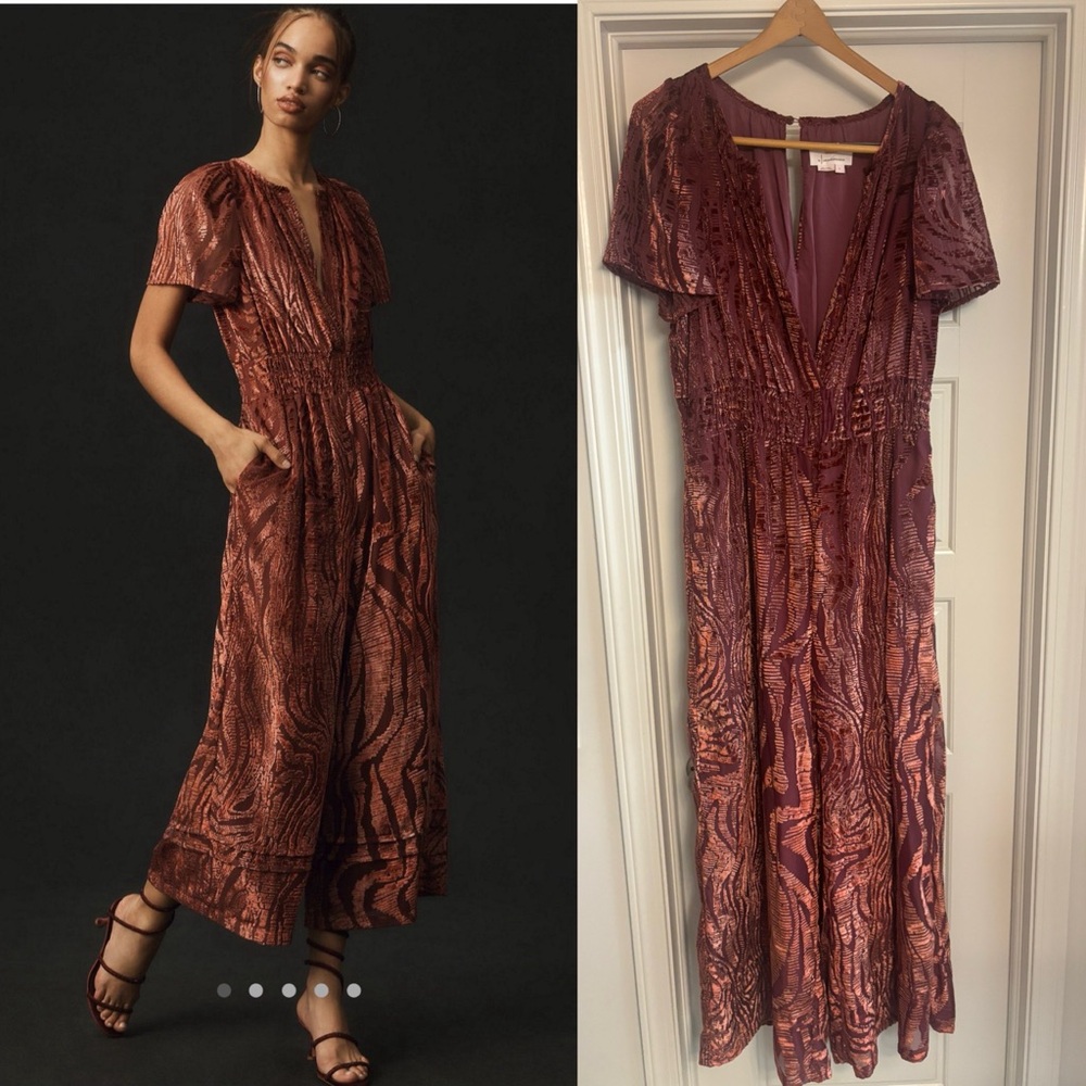 Anthropologie Somerset velvet burnout Burgundy and Rust jumpsuit